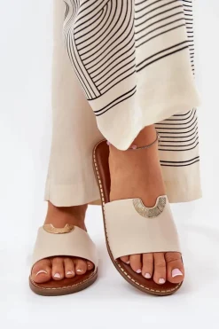 Damskie Boto Klapki Damskie Eko Skórzane Z Ozdobnymi Detalami Beżowe Mevith