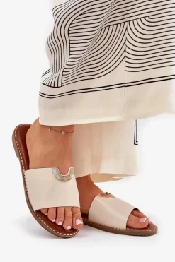 Damskie Boto Klapki Damskie Eko Skórzane Z Ozdobnymi Detalami Beżowe Mevith