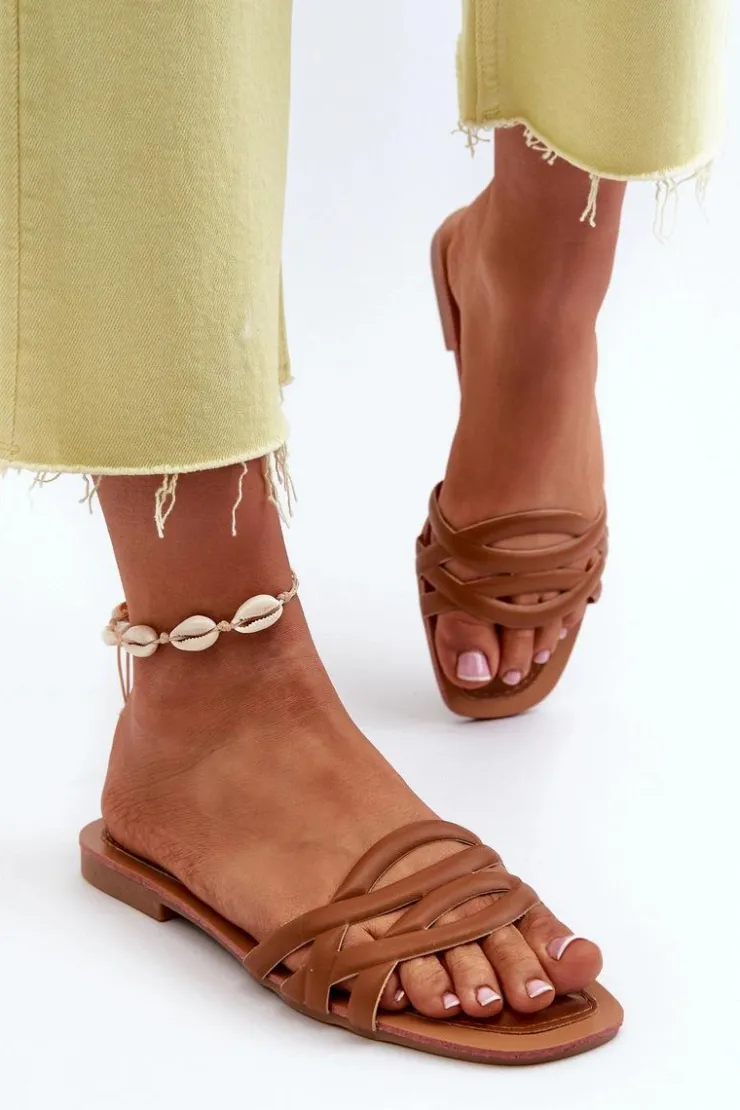 New Boto Klapki Damskie Eko Skórzane Na Płaskim Obcasie Brązowe Moldela Brązowy