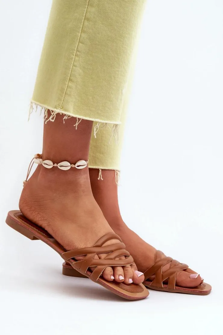 New Boto Klapki Damskie Eko Skórzane Na Płaskim Obcasie Brązowe Moldela Brązowy