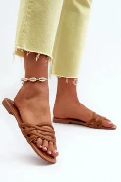 New Boto Klapki Damskie Eko Skórzane Na Płaskim Obcasie Brązowe Moldela Brązowy