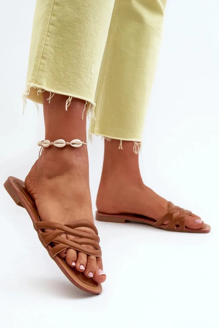 New Boto Klapki Damskie Eko Skórzane Na Płaskim Obcasie Brązowe Moldela Brązowy