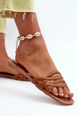 New Boto Klapki Damskie Eko Skórzane Na Płaskim Obcasie Brązowe Moldela Brązowy