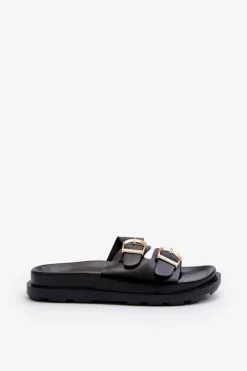 Boto Klapki Damskie Klasyczne*Klapki Damskie Eko Skórzane Z Klamrami Czarne Valmira