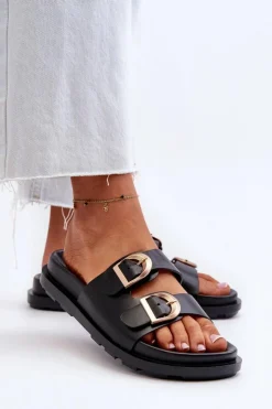 Boto Klapki Damskie Klasyczne*Klapki Damskie Eko Skórzane Z Klamrami Czarne Valmira