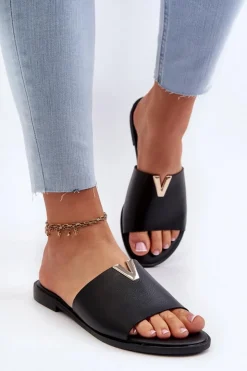 Clearance Evento Klapki Damskie Eko Skórzane Na Płaskim Obcasie Czarne Maliha Czarny