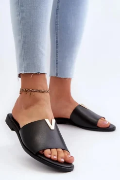 Clearance Evento Klapki Damskie Eko Skórzane Na Płaskim Obcasie Czarne Maliha Czarny