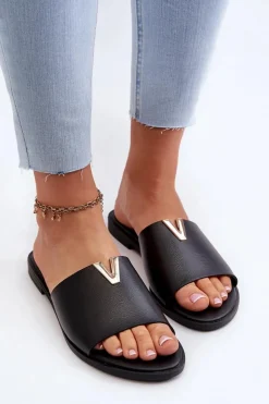 Clearance Evento Klapki Damskie Eko Skórzane Na Płaskim Obcasie Czarne Maliha Czarny