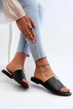 Clearance Evento Klapki Damskie Eko Skórzane Na Płaskim Obcasie Czarne Maliha Czarny