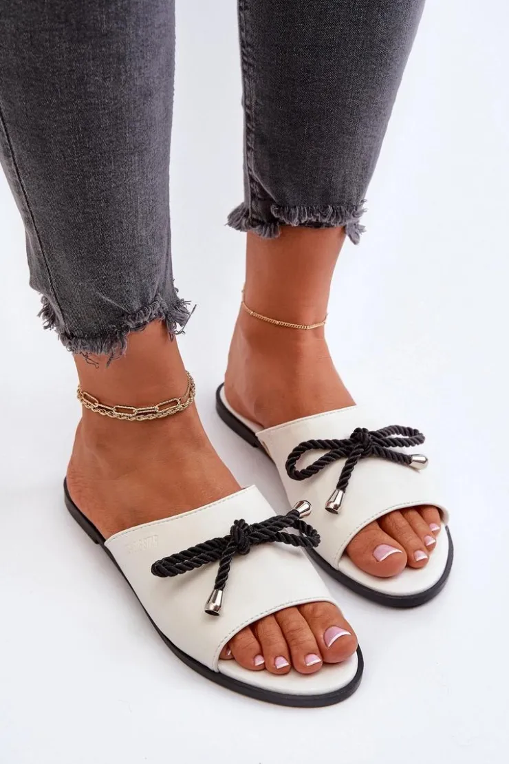 Big Star Shoes Klapki Damskie Big Star*Klapki Damskie Eko Skórzane Big Star NN274067 Białe Biały