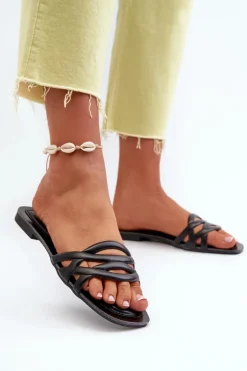 Boto Klapki Damskie Eko Skórzane Na Płaskim Obcasie Czarne Moldela Czarny