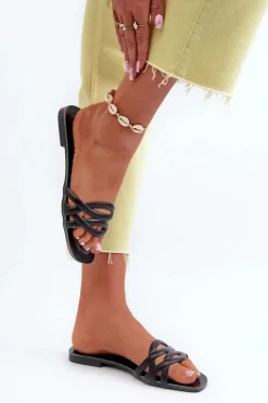 Boto Klapki Damskie Eko Skórzane Na Płaskim Obcasie Czarne Moldela Czarny