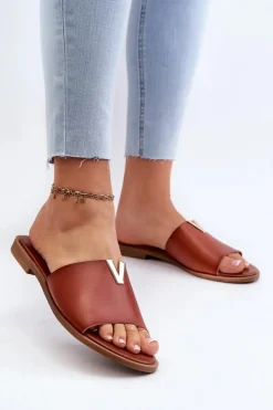 Damskie Evento Klapki Damskie Eko Skórzane Na Płaskim Obcasie Brązowe Maliha