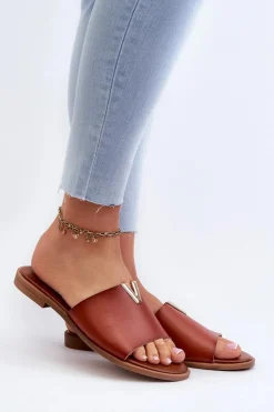 Damskie Evento Klapki Damskie Eko Skórzane Na Płaskim Obcasie Brązowe Maliha