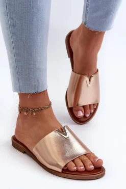 Evento Klapki Damskie Klasyczne*Klapki Damskie Eko Skórzane Na Płaskim Obcasie Złote Maliha Złoty