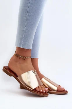 Evento Klapki Damskie Klasyczne*Klapki Damskie Eko Skórzane Na Płaskim Obcasie Złote Maliha Złoty