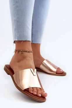 Evento Klapki Damskie Klasyczne*Klapki Damskie Eko Skórzane Na Płaskim Obcasie Złote Maliha Złoty