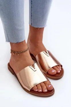 Evento Klapki Damskie Klasyczne*Klapki Damskie Eko Skórzane Na Płaskim Obcasie Złote Maliha Złoty