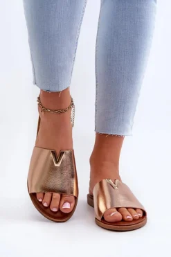 Evento Klapki Damskie Klasyczne*Klapki Damskie Eko Skórzane Na Płaskim Obcasie Złote Maliha Złoty