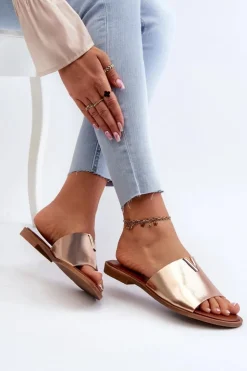 Evento Klapki Damskie Klasyczne*Klapki Damskie Eko Skórzane Na Płaskim Obcasie Złote Maliha Złoty