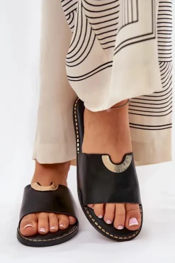 Boto Klapki Damskie Klasyczne*Klapki Damskie Eko Skórzane Z Ozdobnymi Detalami Czarne Mevith Czarny