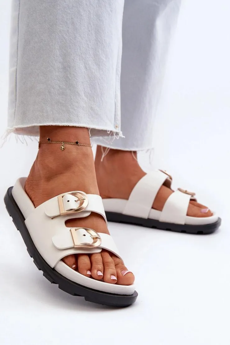 Boto Klapki Damskie Eko Skórzane Z Klamrami Białe Valmira