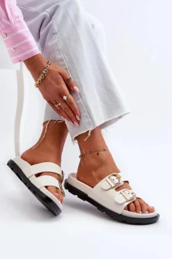 Boto Klapki Damskie Eko Skórzane Z Klamrami Białe Valmira