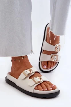 Boto Klapki Damskie Eko Skórzane Z Klamrami Białe Valmira