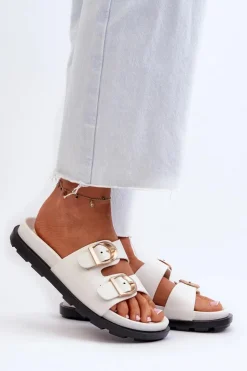 Boto Klapki Damskie Eko Skórzane Z Klamrami Białe Valmira