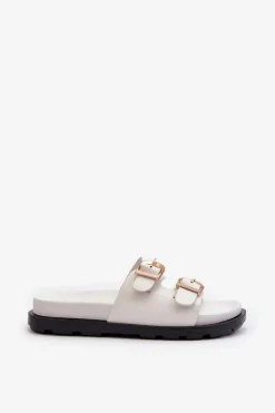 Boto Klapki Damskie Eko Skórzane Z Klamrami Białe Valmira