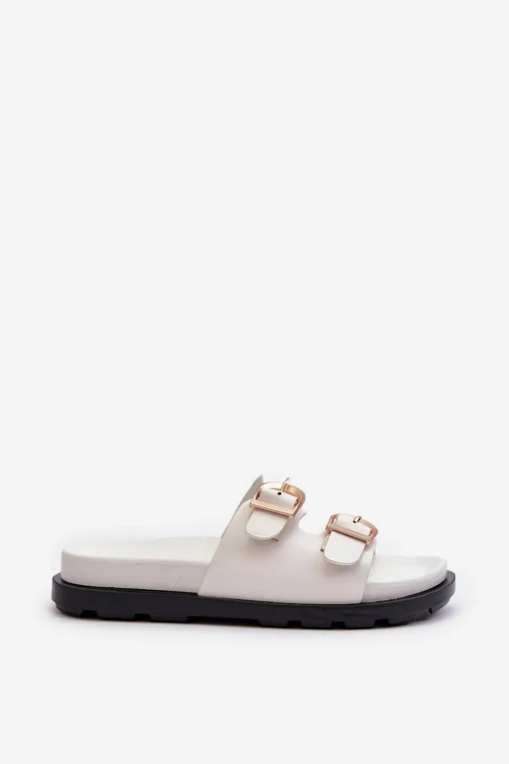 Boto Klapki Damskie Eko Skórzane Z Klamrami Białe Valmira