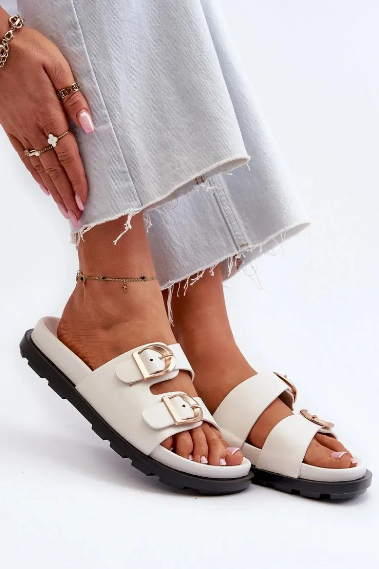 Boto Klapki Damskie Eko Skórzane Z Klamrami Białe Valmira