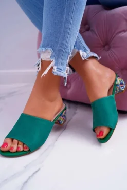 Damskie Buty Sergio Leone Klapki Damskie Eleganckie Na Klocku Zamszowe Zielone Valencia