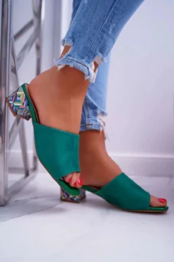 Damskie Buty Sergio Leone Klapki Damskie Eleganckie Na Klocku Zamszowe Zielone Valencia