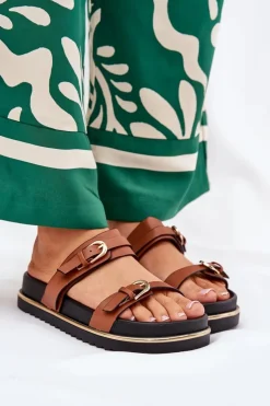 Boto Klapki Na Platformie|Klapki Damskie Klasyczne*Klapki Damskie Gładkie Na Platformie Z Paskami I Klamrami Camel Ziferte