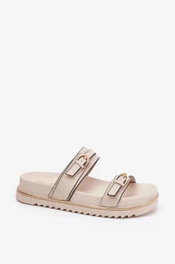 Damskie Boto Klapki Damskie Gładkie Na Platformie Z Paskami I Klamrami Jasnobeżowe Ziferte