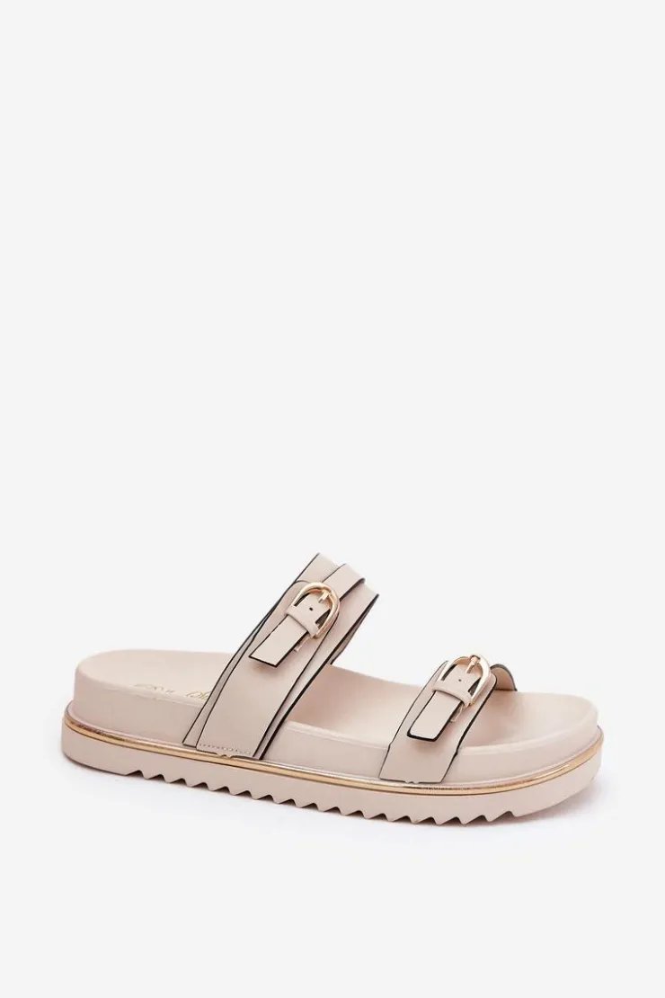 Damskie Boto Klapki Damskie Gładkie Na Platformie Z Paskami I Klamrami Jasnobeżowe Ziferte