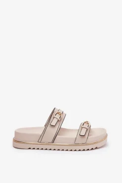 Damskie Boto Klapki Damskie Gładkie Na Platformie Z Paskami I Klamrami Jasnobeżowe Ziferte