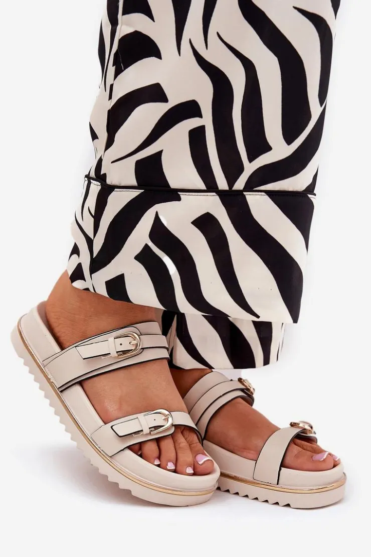 Damskie Boto Klapki Damskie Gładkie Na Platformie Z Paskami I Klamrami Jasnobeżowe Ziferte