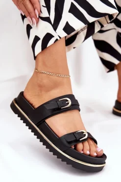 Best Boto Klapki Damskie Gładkie Na Platformie Z Paskami I Klamrami Czarne Ziferte Czarny