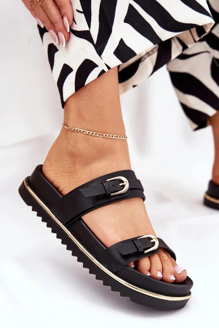 Best Boto Klapki Damskie Gładkie Na Platformie Z Paskami I Klamrami Czarne Ziferte Czarny