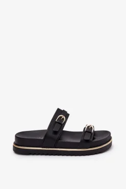 Best Boto Klapki Damskie Gładkie Na Platformie Z Paskami I Klamrami Czarne Ziferte Czarny