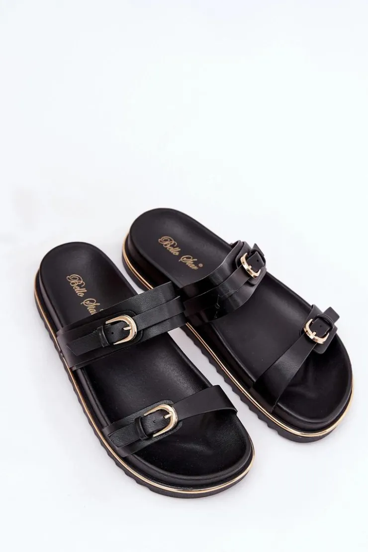 Best Boto Klapki Damskie Gładkie Na Platformie Z Paskami I Klamrami Czarne Ziferte Czarny