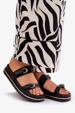 Best Boto Klapki Damskie Gładkie Na Platformie Z Paskami I Klamrami Czarne Ziferte Czarny