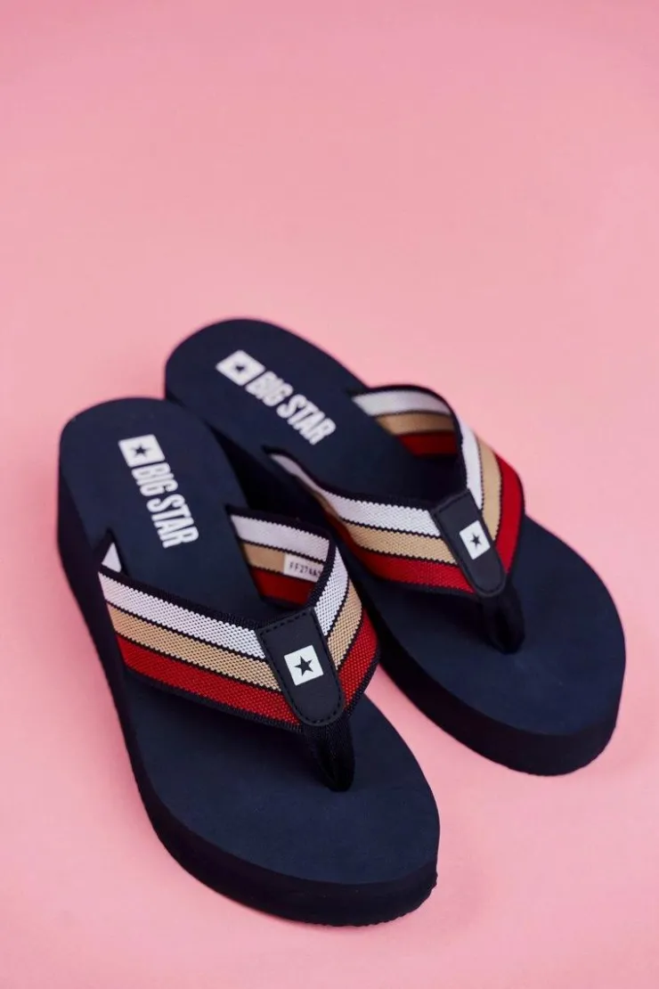 Outlet Big Star Shoes Klapki Damskie Japonki Big Star na Koturnie Granatowe FF274A301