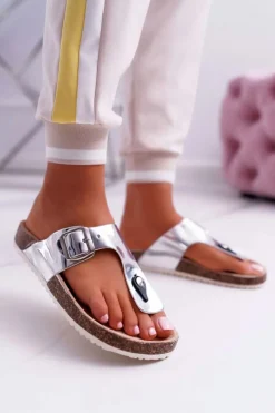 Boto Klapki Korkowe|Klapki Damskie Japonki*Klapki Damskie Japonki Na Korku Lakierowane Srebrne Palette