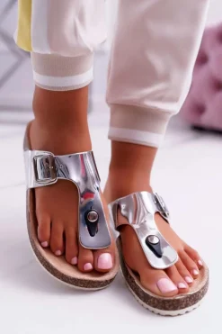 Boto Klapki Korkowe|Klapki Damskie Japonki*Klapki Damskie Japonki Na Korku Lakierowane Srebrne Palette