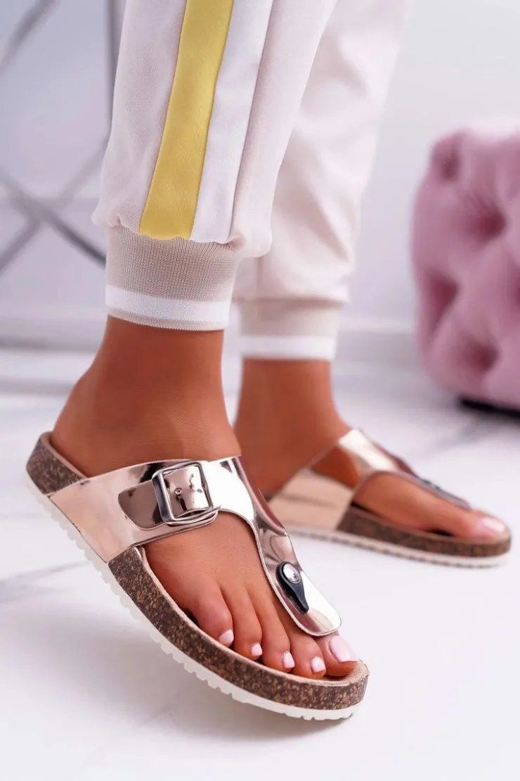 Damskie Boto Klapki Damskie Japonki Na Korku Lakierowane Champagne Palette