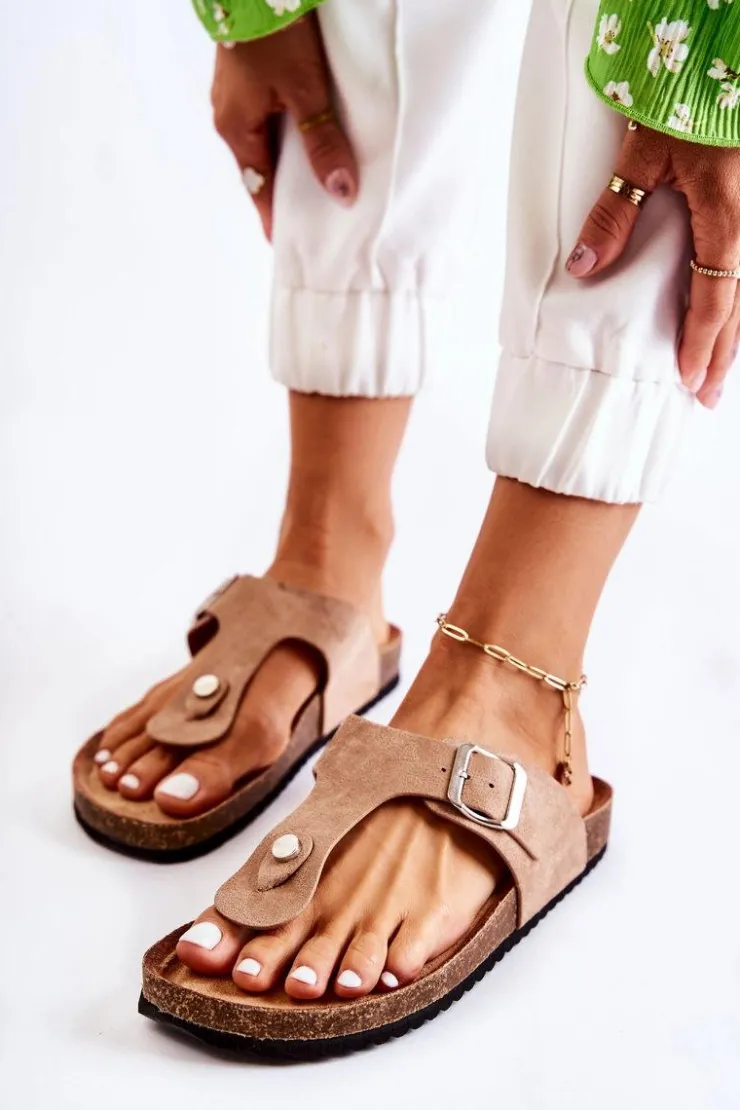 Damskie Boto Klapki Damskie Japonki Na Korku Beżowe Elina