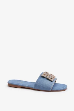 Best Boto Klapki Damskie Jeansowe Na Płaskim Obcasie Z Ozdobą Niebieskie Inaile